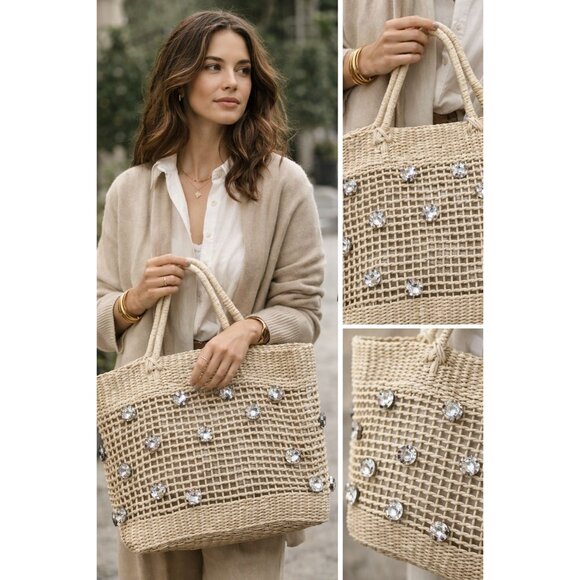 BTB Los Angeles Nancy Tote Straw Bag Crystal Embellished Woven Summer Handbag - Picture 10 of 10